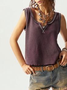 Bohemela BOHO Casual Solid Color Knit V-Neck Cropped Tank Top For Women - Dusty Purple - View 1