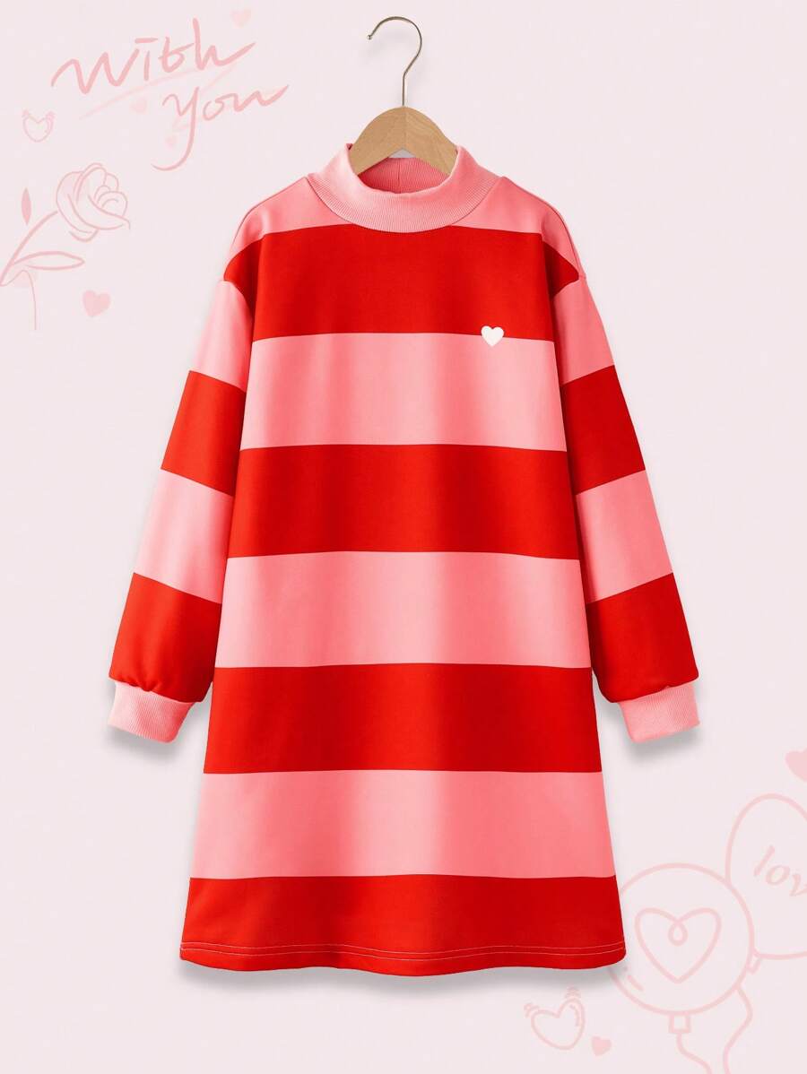 Vestito casual lungo a maniche lunghe, con scollo a crociera, linea ad A, con motivi a cuori e righe, adatto per ragazze pre-adolescenti, per l'autunno - Rosa - Visualizzare 1