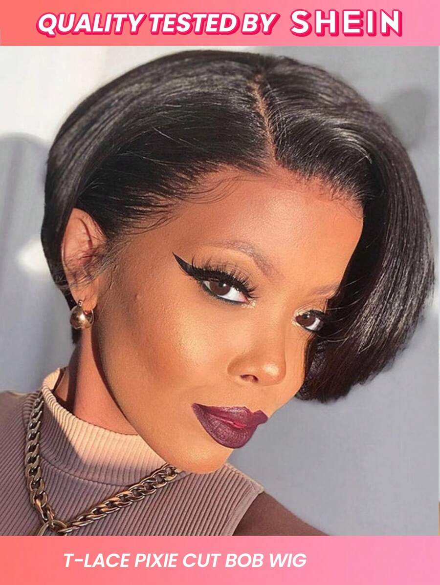 Short Pixie Cut Bob Wigs T Part Lace Front Wigs For Women Straight Lace Frontal Wigs Side Part Wig Pre Plucked With Baby Hair Black Color - SNatural - View 1