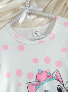 SHEIN 女孩卡通猫咪图案印花荷叶边针织圆领长袖睡袍睡衣 - 淺粉色 - 查看 8