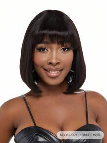 Straight Bob Pixie Cut With Bangs Remy Bob With Air Bangs Wig 150 Density 10-16 Inch Natural Black Color Virgin Remy Human Hair Full Machine Made Wig