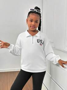 SHEIN Tween 女童宽松休闲翻领字母印花运动衫，舒适长袖 - 白色 - 查看 4