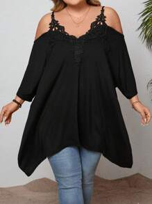 SHEIN CURVE+ Plus Size Summer Lace Collar Floral Patchwork Cold Shoulder Asymmetrical Hem T-Shirt Boho Vacation