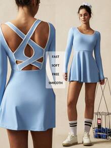 VARSITIE Square Neck, Long Sleeves, Large Open Back, Cross Cutout, Contrasting Binding Mini Women Active Athletic Dresses - Blue - View 2