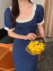 DAZY 女士圆领蕾丝拼接波尔卡圆点中长连衣裙夏季太阳裙，休闲女装 - 藍色 - 查看 6