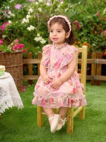 SHEIN Nouvelle robe de princesse douce à fleurs style Ditsy pour bébé fille, robe d'été sans manches