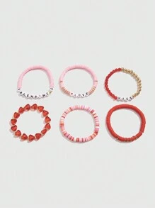 ROMWE Kawaii 6pcs/Set Romantic Heart Shaped Beaded Bracelets, Valentine's Day Gift For Women,Mom,Mother,Mother's Day,Gift