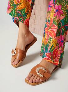 SHUZIA Women's Gold Metal Buckle Decoration Fashionable & Comfortable Round-Toe Flat Sandals For Daily Wear Spring Shoes Spring Break Easter - Maroon - View 1