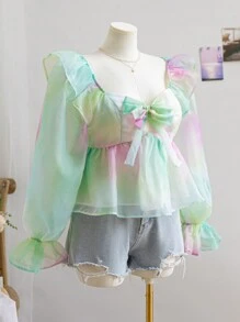 Soleia Women Plus Size Gradient Organza Tie Bow Ruffle Decor A-Line Flare Sleeve Blouse, Spring - Multicolor - View 3