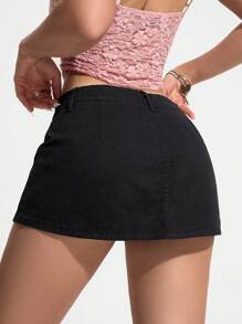 SHEIN EZwear Women's Solid Color Front Button Casual Denim Mini Skirt - Black - View 3