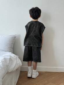 Dazy Kids 2pcs/Set Young Boy Round Neck Sleeveless Printed Simple T-Shirt And Shorts - Black - View 6