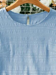 Franclia Women Solid Color Round Neck Elegant Cap Sleeve Dress - Blue - View 4