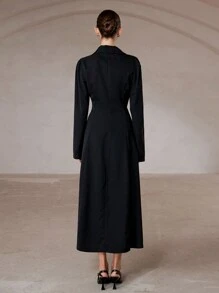 SHEIN Privé 复古法式优雅泡泡袖翻领拼色褶皱高腰连衣裙 - 黑與白 - 查看 2