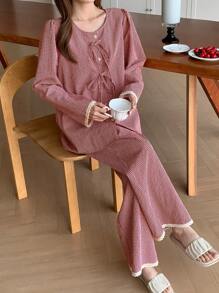 DAZY Rüschen-Saum karierter Schleifenpyjama-Set, Herbstkleidung