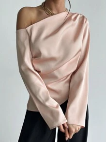 Firerie 节日新款优雅香槟色缎面长袖不对称领褶皱腰衬衫，适合通勤、情人节春夏装