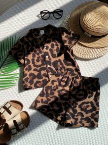Bubblio Set de 2 piezas con chaqueta de manga corta con cuello y pantalón corto de cintura elástica con estampado de leopardo para bebé niño - Multicolor - Ver 5
