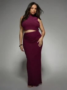 MISSGUIDED PLUS Plus Size Rhinestone Studded Two-Piece Set Sleeveless Mock Neck Crop Top With High Waist Bodycon Maxi Skirt Party Evening Occasion Wear - Purple - View 6