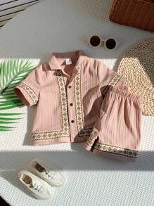 SHEIN Leap Crew 2pcs/Set Baby Boys Casual Cute Drawstring Waist Shirt And Shorts Set, Suitable For Spring & Summer Wear - Khaki - View 3