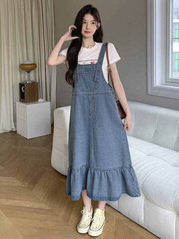 DAZY Women's Casual Denim Pinafore Dress With Ruffle Hemline