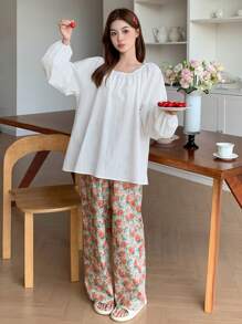 DAZY 纯色灯笼袖上衣和全身花卉印花长裤睡衣套装