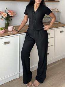 2 件套女士纯色撞色蕾丝短袖上衣和裤子，性感睡衣套装 - 黑色 - 查看 7