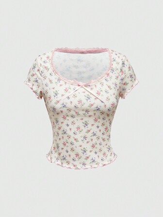 Kawaii Mori Girl Casual Minimalist Sexy Ditsy Floral Dotted Splicing Bowknot T-Shirt