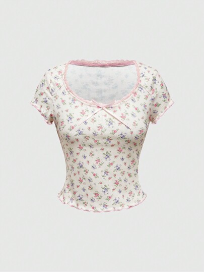 Kawaii Mori Girl Casual Minimalist Sexy Ditsy Floral Dotted Splicing Bowknot T-Shirt