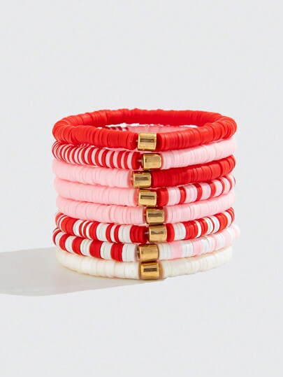 Kawaii 8pcs Cute Pink Polymer Clay Friendship Bracelets, Suitable For Valentine's Day Or Friendship Gifts