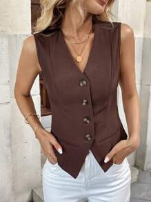 Breezaya French Elegant Design V-Neck Sleeveless Faux Pocket Women Suit Jacket - Coffee Brown - View 5