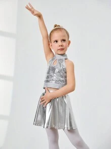 SHEIN 年轻女孩运动服反光爵士/拉丁舞紧身衣上衣带水晶，无袖短款露脐上衣，镂空后背，搭配荷叶边裙，非常适合花样滑冰、舞蹈服装 - 銀色 - 查看 9