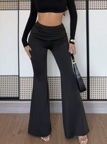Chiquease Sexy High-Waist Ruffle Hem Flare Leg Stretchy Knit Black Trousers For Women, Autumn/Winter