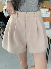 DAZY Quần short len ống rộng xếp ly màu trơn thường ngày cho nữ mùa thu, đông - Màu be - Xem 8