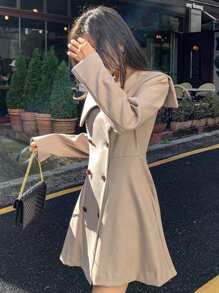 DAZY 女士大翻领双排扣系带长款风衣风迷你连衣裙，杏色，春夏秋装，秋季女装长袖连衣裙 - 杏色 - 查看 4