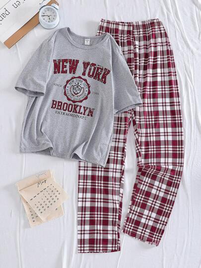 SHEIN Teen Girl New Simple Top With Letter Print And Plaid Pants Digital Print Home Outfit Set