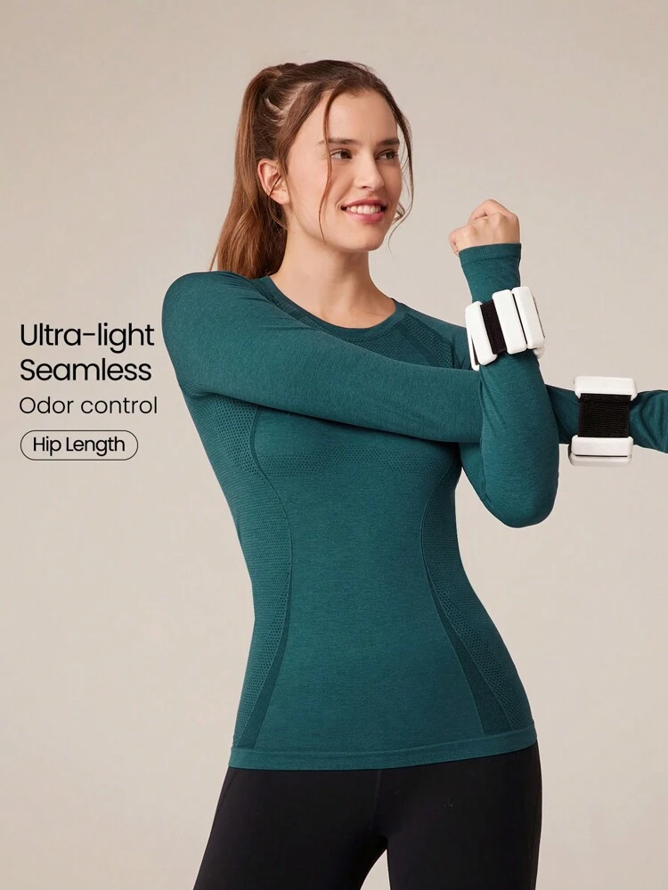 Seamless Slimfit Long Sleeve Top Hip Length Antibacterial Lightweight Summer Gym