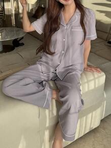 SHEIN 青少年女孩都市简约领口纽扣式短袖上衣和裤子休闲居家睡衣 2 件套 - 淡紫色 - 查看 4