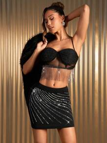 Hauture Women's Spring/Summer Rhinestone Embellished Bodycon Party Skirt,Date Night Outfit,Valentines Clothes,Carnaval