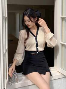 DAZY 女式 V 领撞色休闲长袖衬衫，简约时尚，适合日常穿着，秋季女装