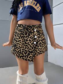 Young Girls Fashionable Leopard Pattern Washed Denim Skort