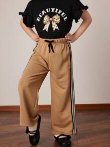 PrepCrw Pantalones deportivos anchos de cintura elástica de punto holgados con decoración de bandas laterales para niñas jóvenes, primavera/verano