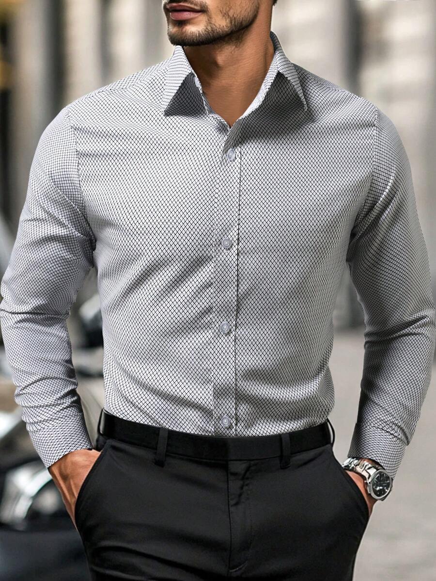 Manfinity Mode Men's Casual Office Commute Diamond Pattern Long Sleeve Shirt, For Fall - White - View 1