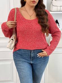 SHEIN Frenchy Plus Size Women Bow Decor Long Sleeve Casual Sweater, Autumn/Winter