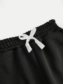 SHEIN Young Girls Pocketed Straight Leg Loose Casual Drawstring Waist Solid Color Straight Pants, Comfortable Streetwear Suitable For Daily Wear - Black - View 4