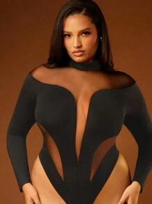 SHEIN Unity Women Clothes, Plus Size Women Stand Collar Long Sleeve Black Mesh Patchwork Sexy Bodysuit, Women Tops, Women Bodysuits, Long Sleeve Top, Sexy Women Tops, Going Out Tops, Black Top, Long Sleeve Women Tops. For Date Night, Concerts, Performances, Parties, Clubs, Evening - Black - View 1