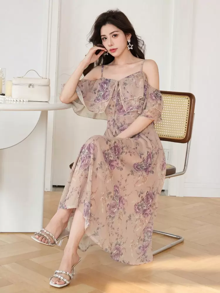 Floral Print Tie-Up Ruffle Hem Cami Midi Dress For Women Sundress Boho