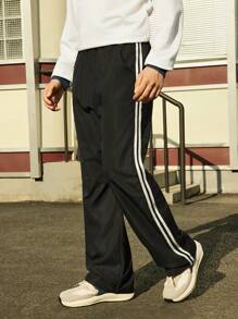 SHEIN Teen Boys' Casual Striped Patchwork Drawstring Straight Leg Pants, Fashion For Daily Wear, Spring/Autumn - Black - View 3