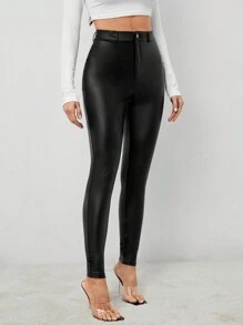 SHEIN Tall Solid High Waist PU Leather Skinny Pants