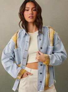 WESTFADE Premium Denim And Flannel Western Patchwork Shacket Nashville Style Outfits - Light Wash - View 1