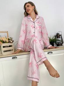 Contrast Color Trim Butterfly Print Lapel Long Sleeve Pajama Set - Multicolor - View 4