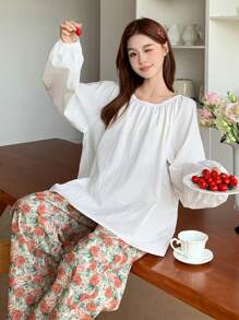 DAZY 纯色灯笼袖上衣和全身花卉印花长裤睡衣套装